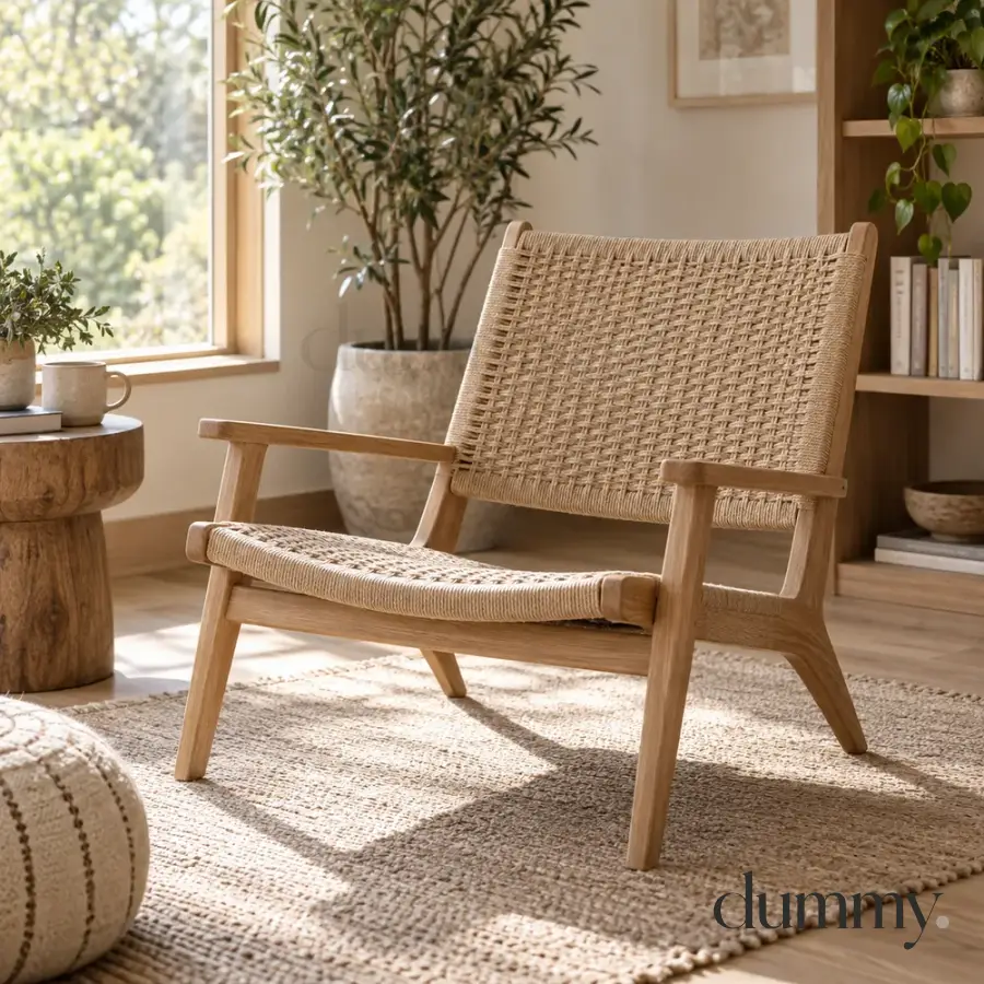 Natural oak lounge chair with a woven seat in a calm living room